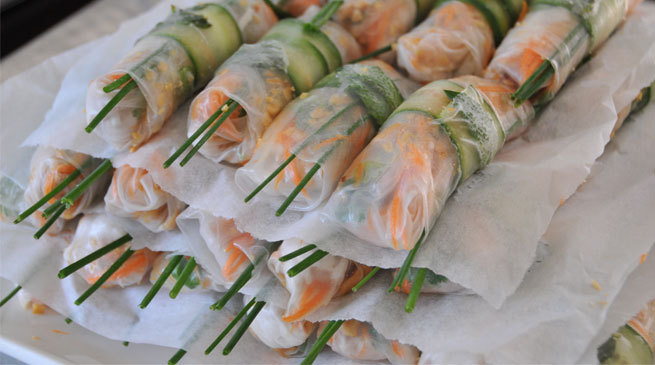 Vietnamese rice paper rolls with coconut poached chicken