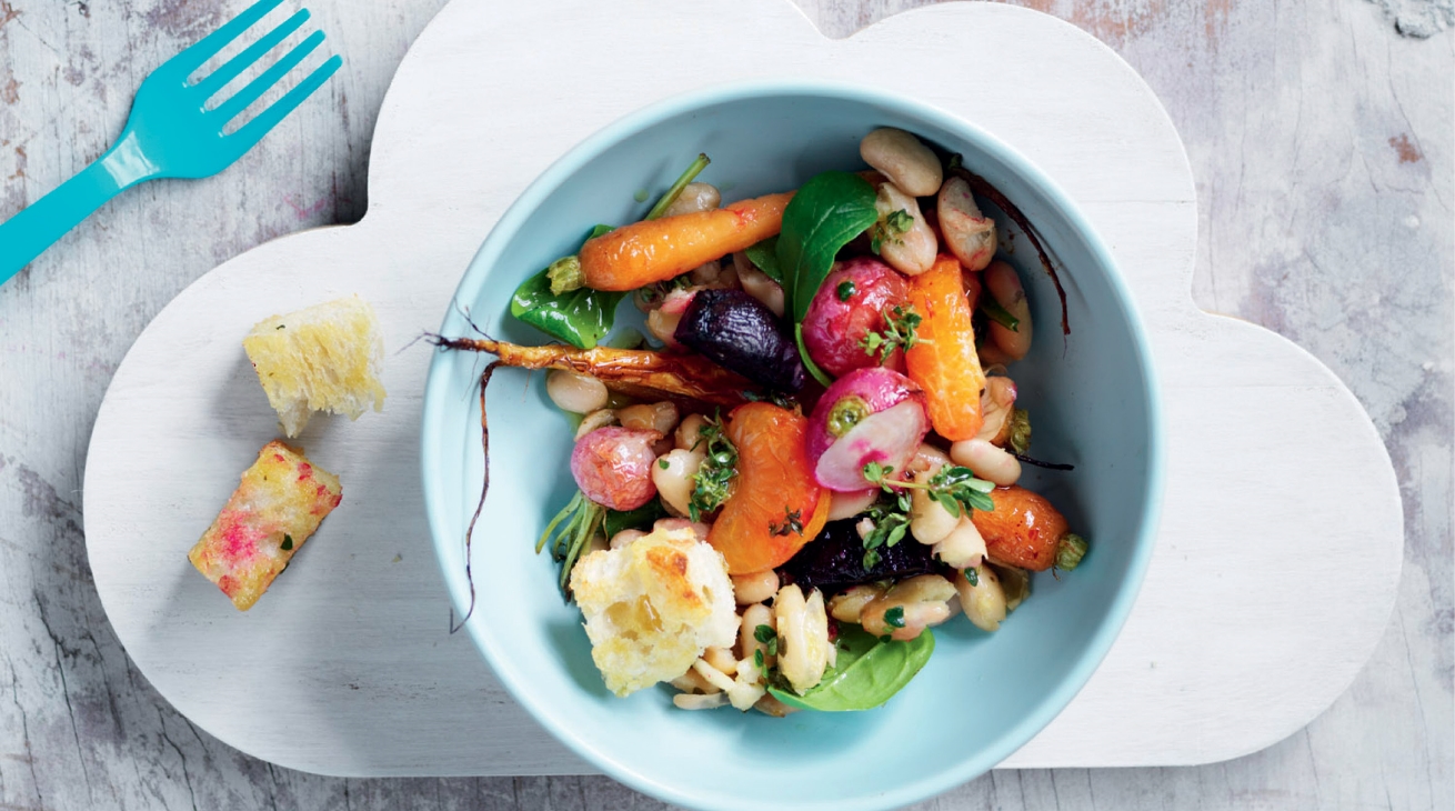 Mandarin Panzanella with root vegetables & butterbeans