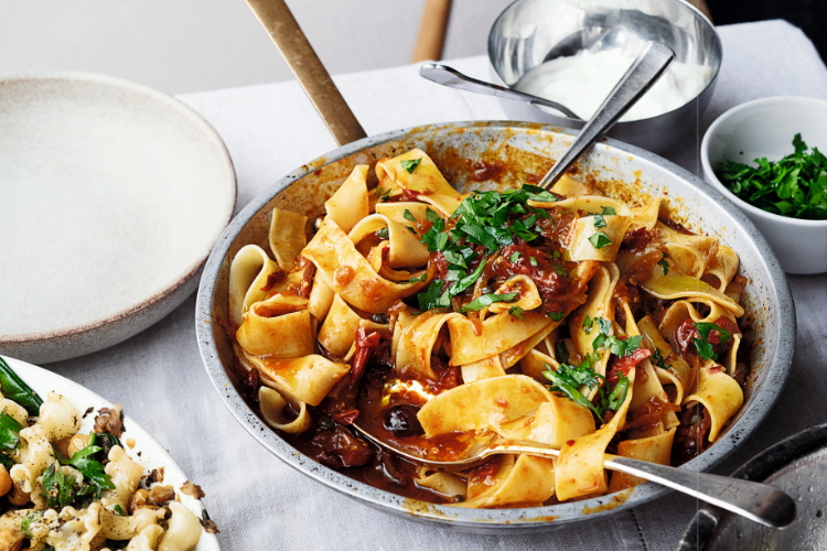 Pappardelle with rose harissa, black olives and capers