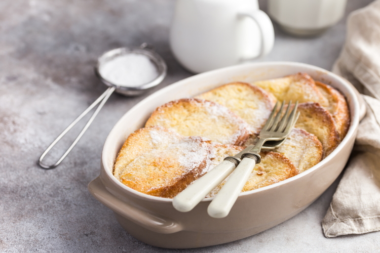 White chocolate and rhubarb bread and butter pudding